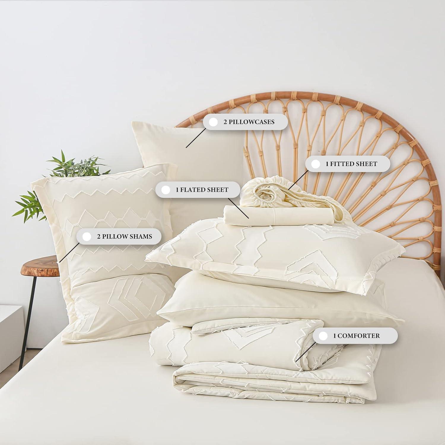 EVERGRACE King Size Comforter Set 7 Pieces Bed in a Bag for College Dorm, White Tufted Shabby Chic Boho Comforter and Sheet Set with Pom Pom Textured, Soft Fluffy Farmhouse Complete Bedding Set