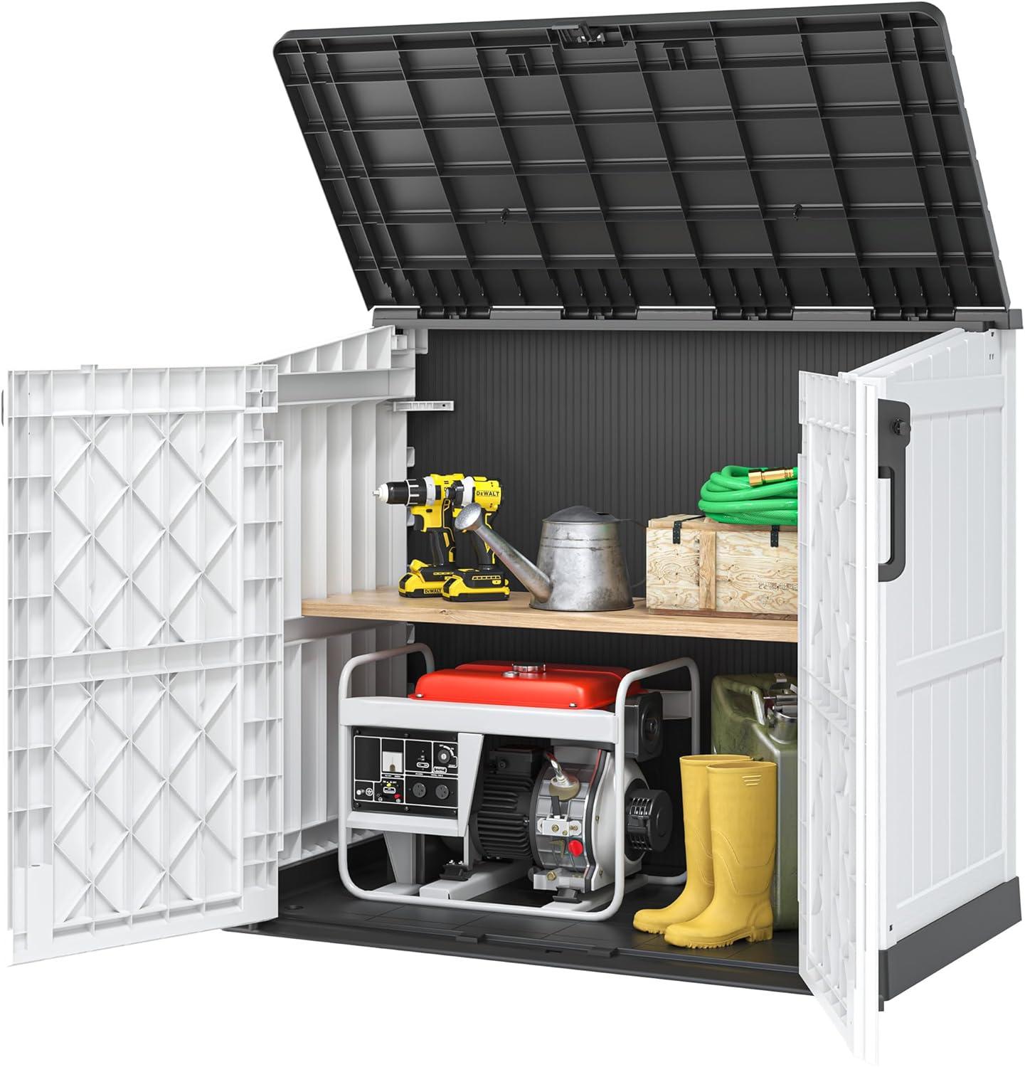 Outdoor Storage Shed 36 Cu. Ft.Horizontal Garden Storage Extra Large Capacity Weather Resistant Storage Box, Lockable Resin Waterproof Shed for Easy Storage of Garbage Cans, Tools, Lawn Mower
