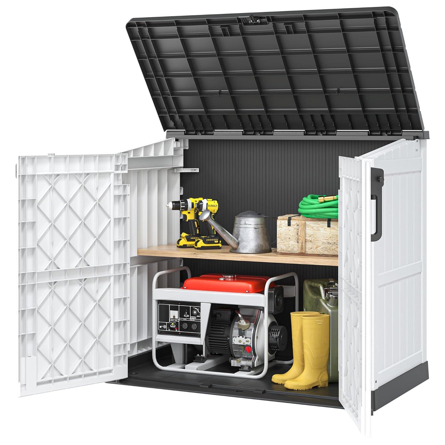 Outdoor Storage Shed 36 Cu. Ft.Horizontal Garden Storage Extra Large Capacity Weather Resistant Storage Box, Lockable Resin Waterproof Shed for Easy Storage of Garbage Cans, Tools, Lawn Mower