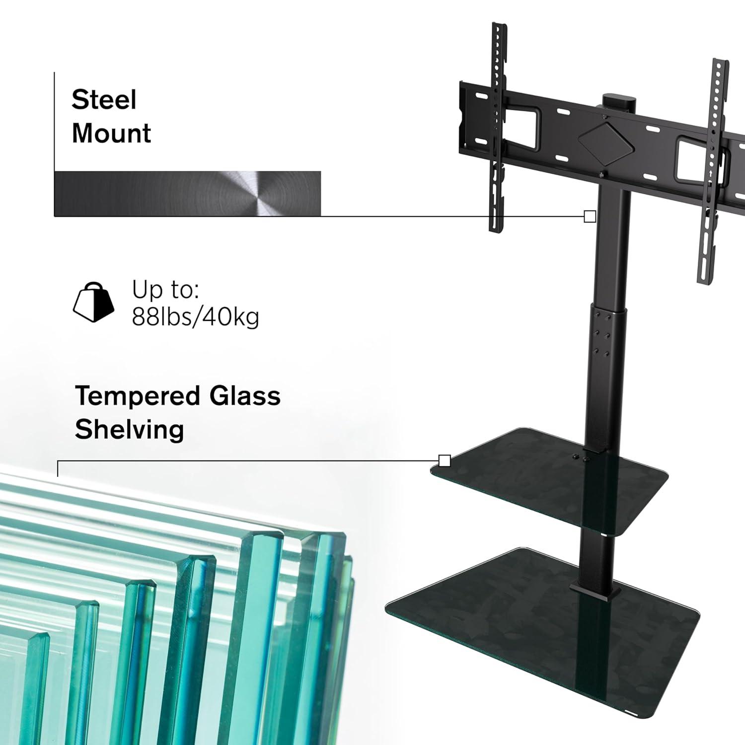 Promounts Modern Slim TV Stand with Mount for TVs 37" - 72" Up to 88 lbs with Tempered Glass Shelf