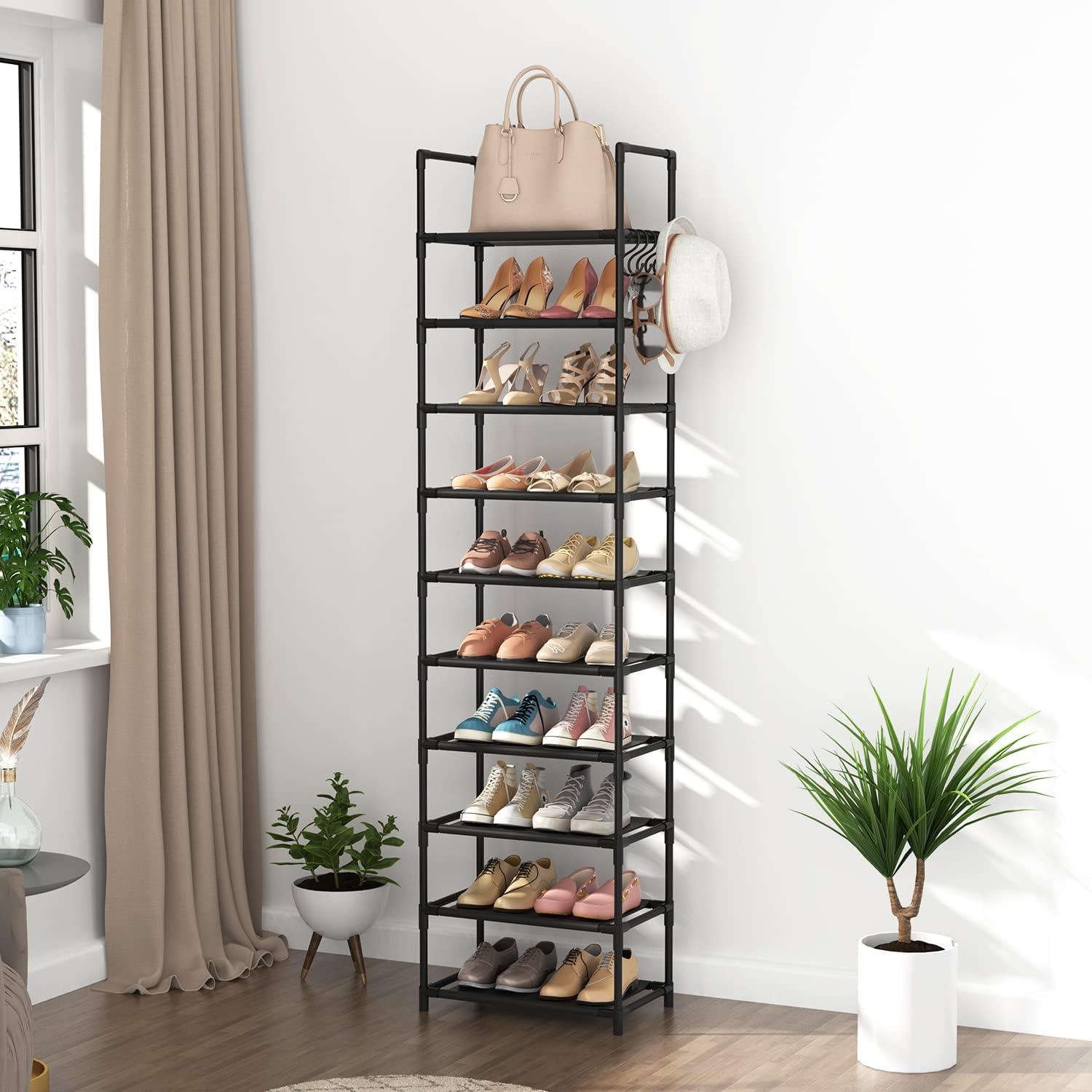 Shoe Rack Organizer, 10 Tier Tall Shoe Rack for Closet Entryway - Holds 20-25 Pairs with Hooks