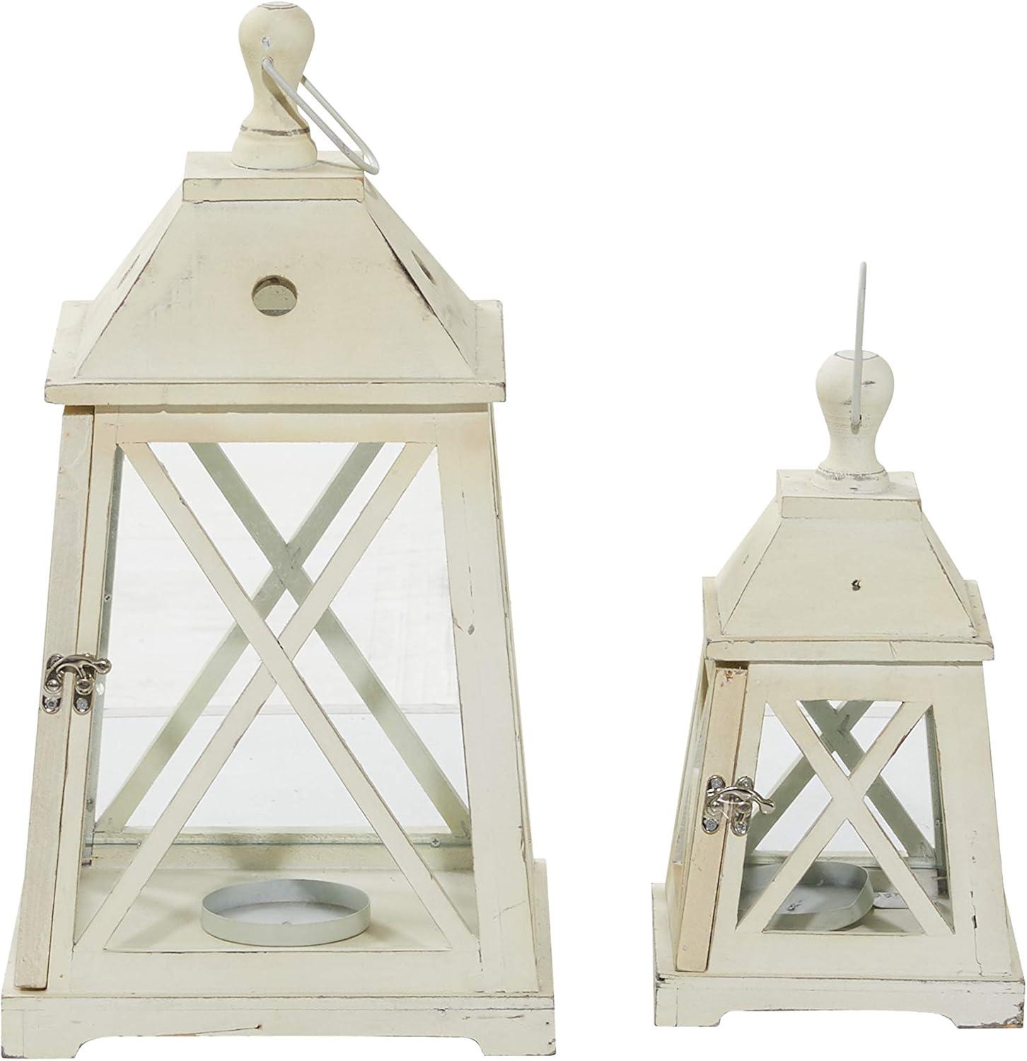 Set of 2 Trapezoid Wood/Glass Candle Holders White - Olivia & May: Elegant Lantern Design for Pillar Candles