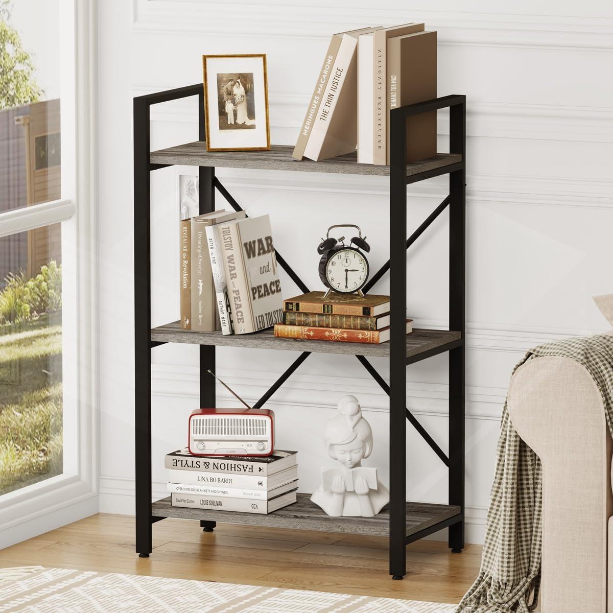 3 Tier Bookshelf, Small Rustic Book Shelf, Short Industrial Bookcase, Wood Metal Standing Etagere for Office, Bedroom and Living Room (Dark Gray Oak)