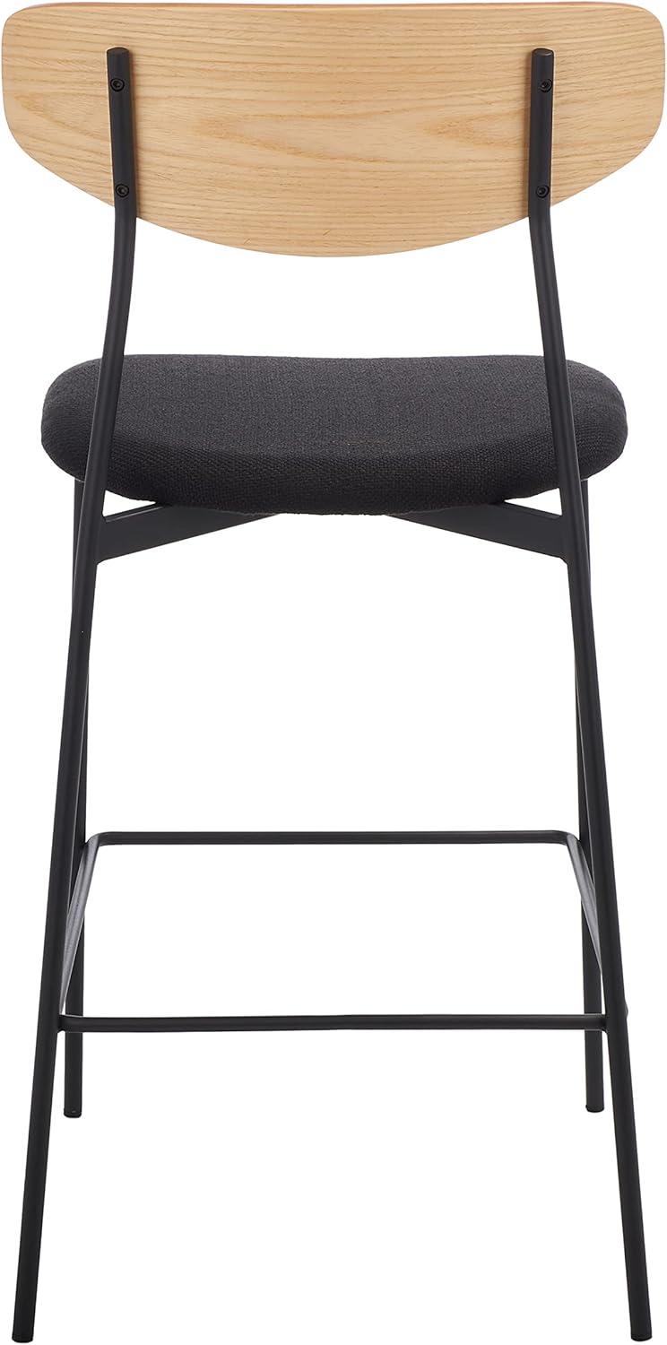 Mid-Century Oak and Black Iron Saddle Counter Stool