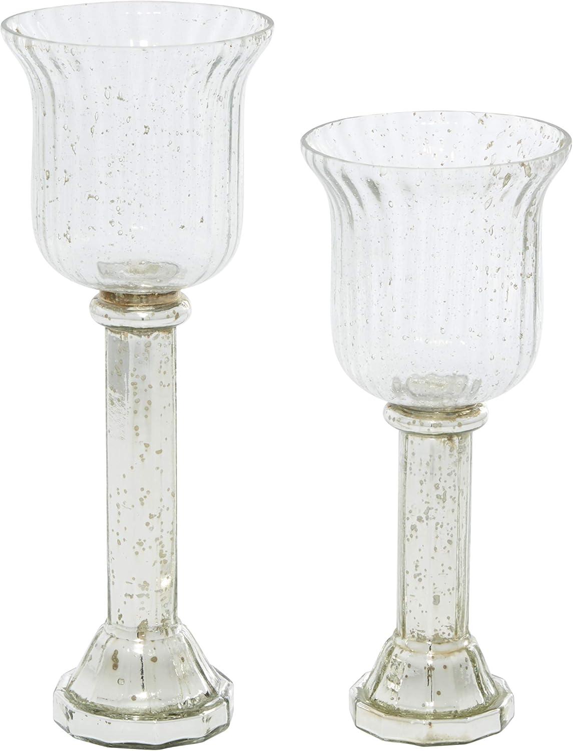 DecMode 2-Slot Silver Glass Pillar Hurricane Lamp with Faux Mercury Glass Finish, Set of 2