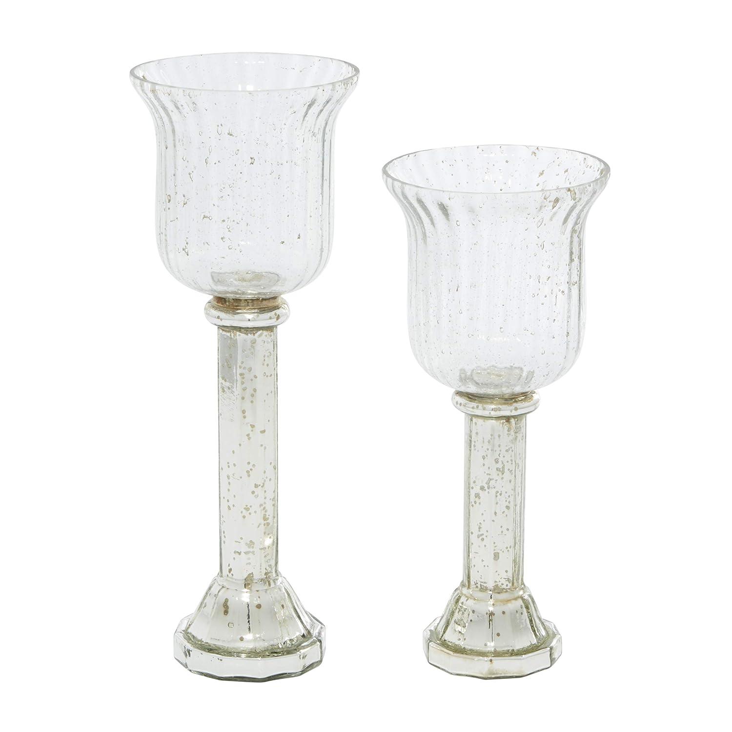 DecMode 2-Slot Silver Glass Pillar Hurricane Lamp with Faux Mercury Glass Finish, Set of 2