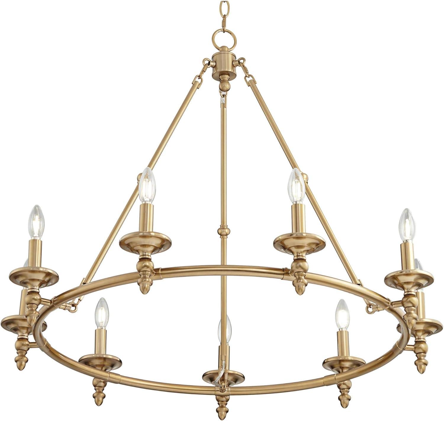 Antique Gold 9-Light Brass Wagon Wheel Chandelier