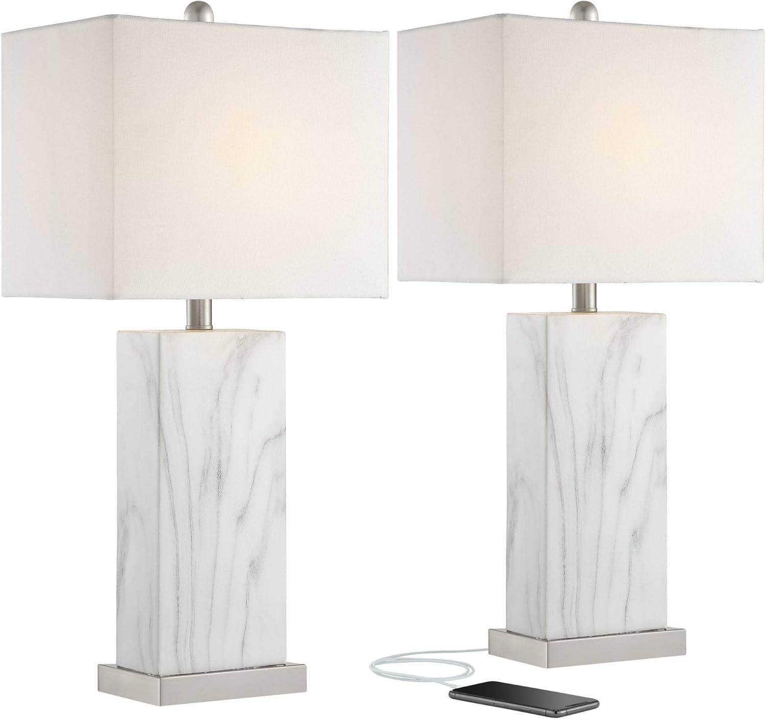 360 Lighting Connie Modern Table Lamps 25" High Set of 2 White Faux Marble with USB Charging Ports Rectangular Shade for Living Room Office Desk House