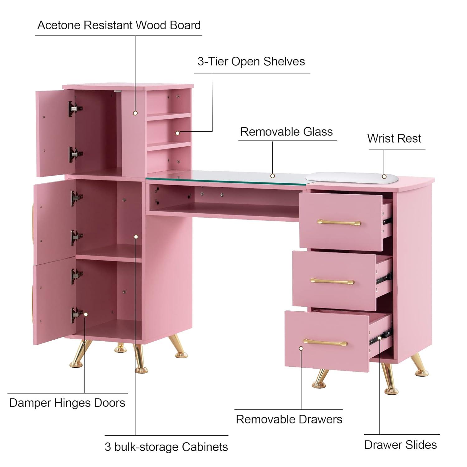 BarberPub Makeup Vanity Desk with Storage Drawer and Cabinet, Nail Desk with Glass Top