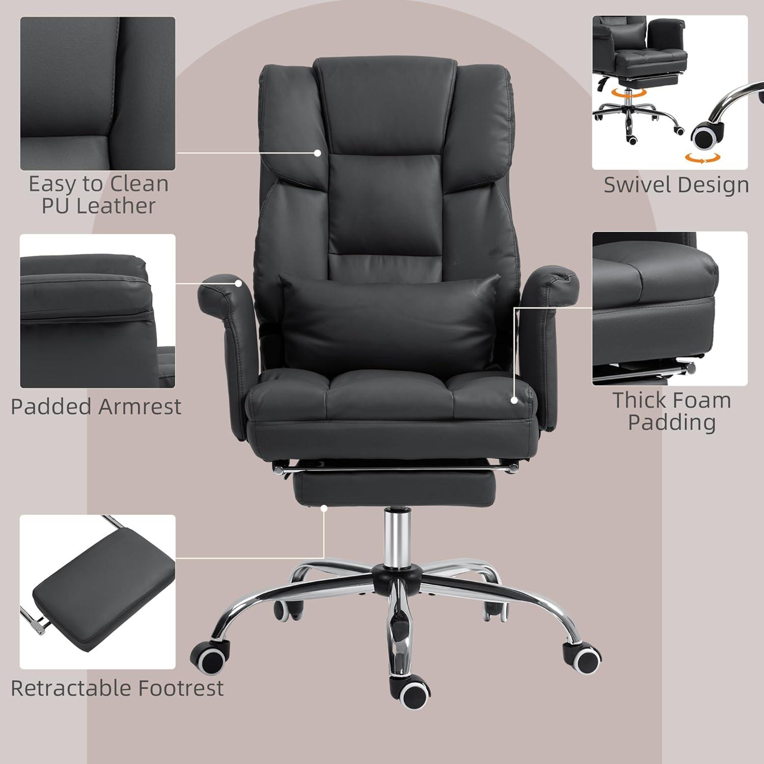 HOMCOM Executive Office Chair with Footrest and Lumbar Support, PU Leather Office Desk Chair, Ergonomic, Reclining and Swivel Chair, Black