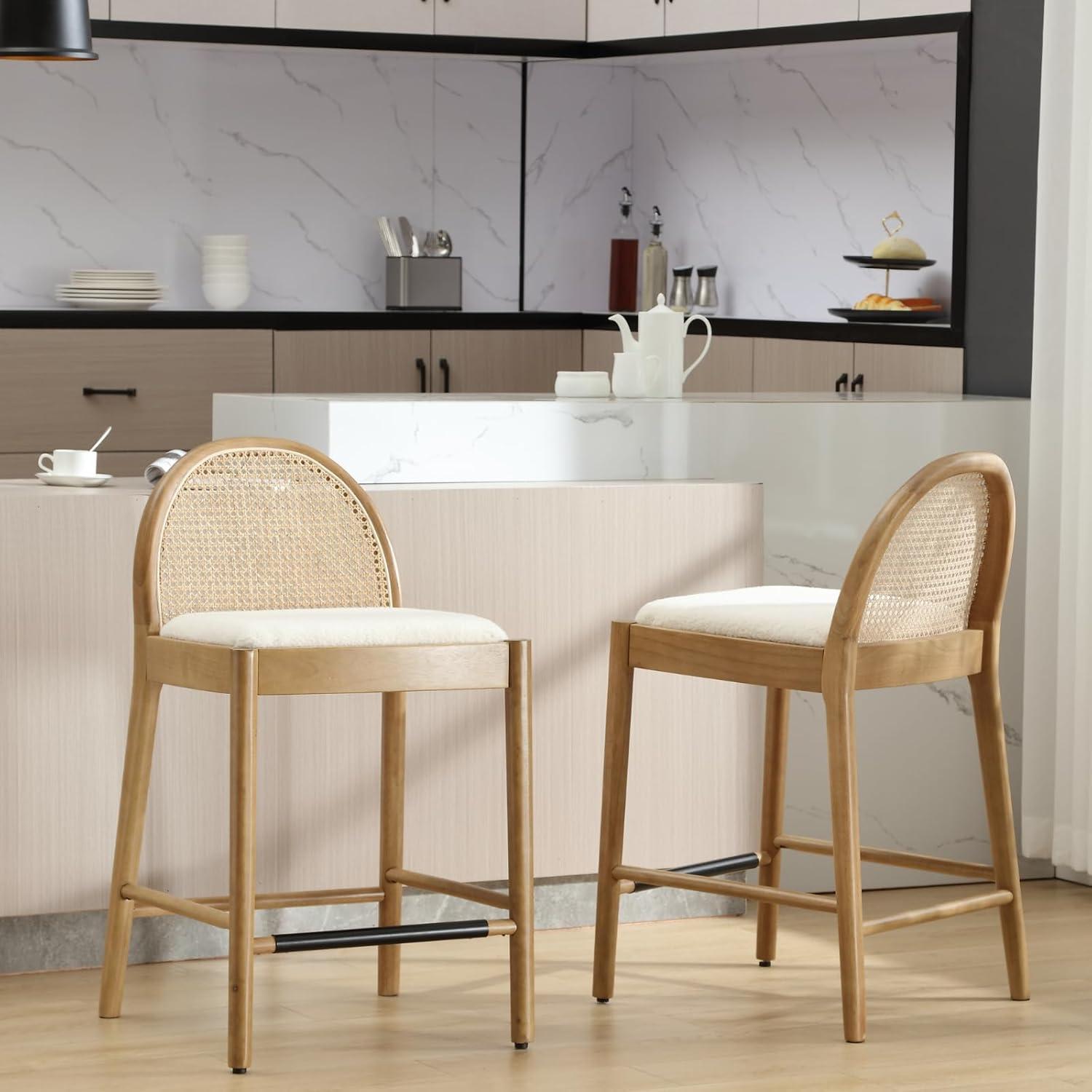 Bayou Breeze Emington Modern Bar Stools Counter Height Bar Stools with Rattan Backrests and Wood Frame (Set of 2)