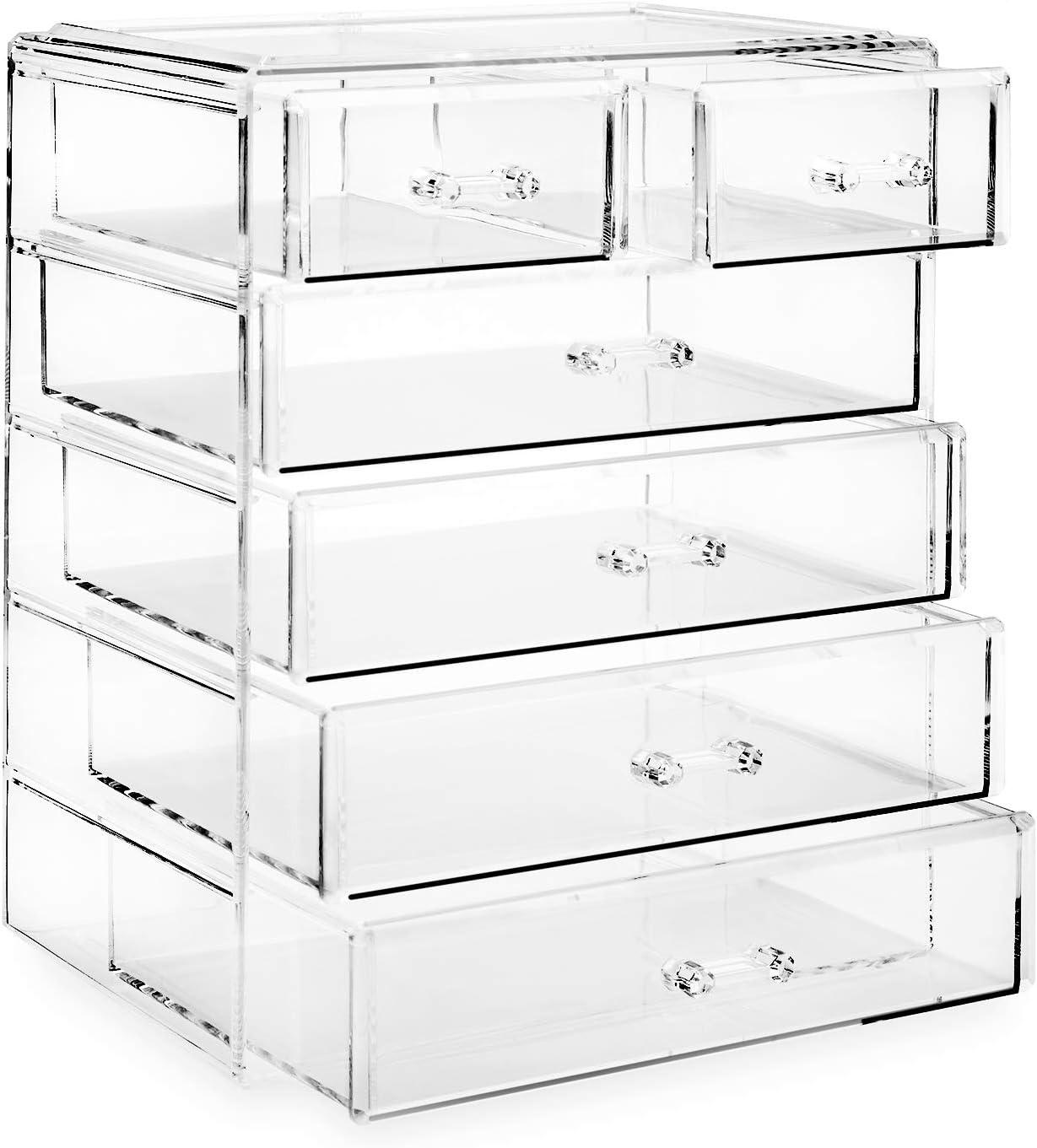 Casafield Makeup Storage Organizer, Clear Acrylic Cosmetic & Jewelry Organizer with 4 Large and 2 Small Drawers