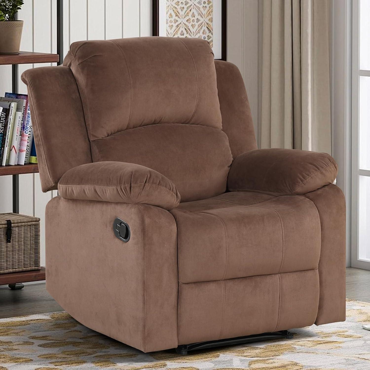CANMOV Manual Recliner Chair, Soft Fabric Overstuffed Recliner Single Sofa Chair for Living Room Bedroom, Heavy Duty and Safety Reclining Mechanism, Light Brown