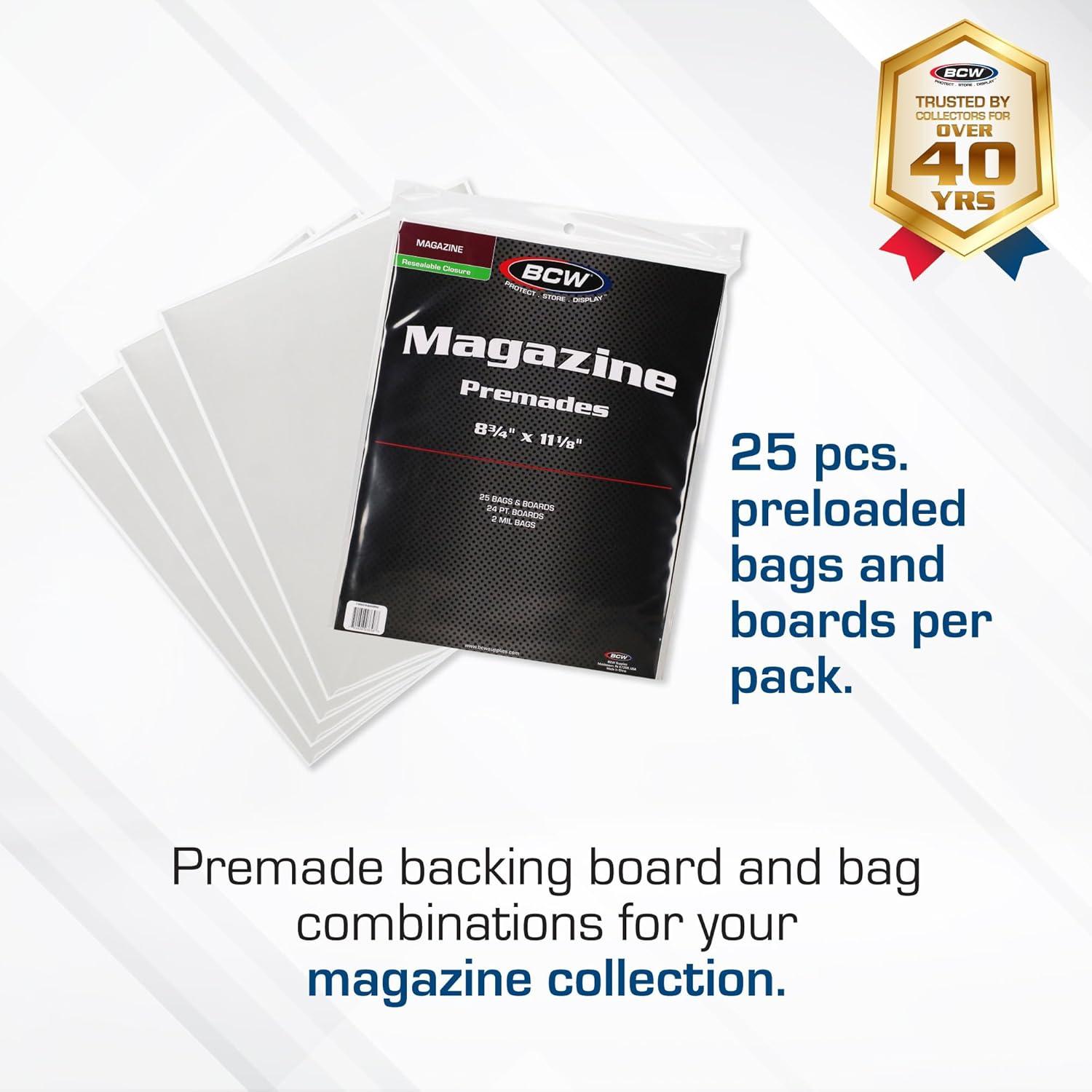 BCW Magazine Premade Resealable Bags and Boards | Standard Size 8 ¾" x 11⅛" | Pre-Loaded Boards in Magazine Sleeve Protectors | Ideal for Packaging and Protecting Magazines (25, Resealable)