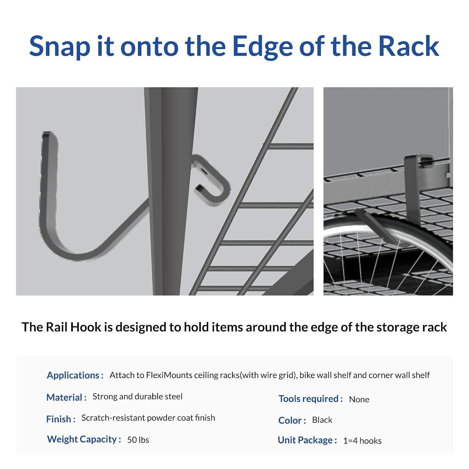 FLEXIMOUNTS 4 Pack Add On Storage Rail Hook Accessory for Ceiling Rack and Wall Shelving, Max Weight Capacity up to 50lbs, Black