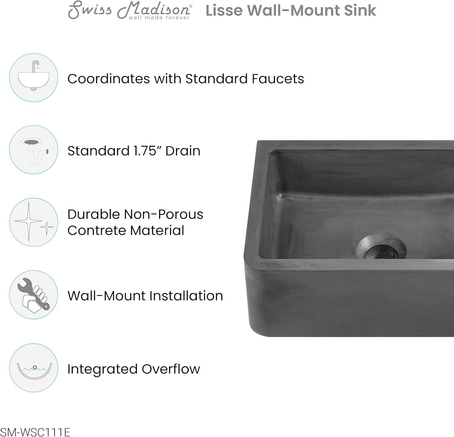 Lisse 16" Rectangle Concrete Wall-Mount Bathroom Sink in Dark Grey