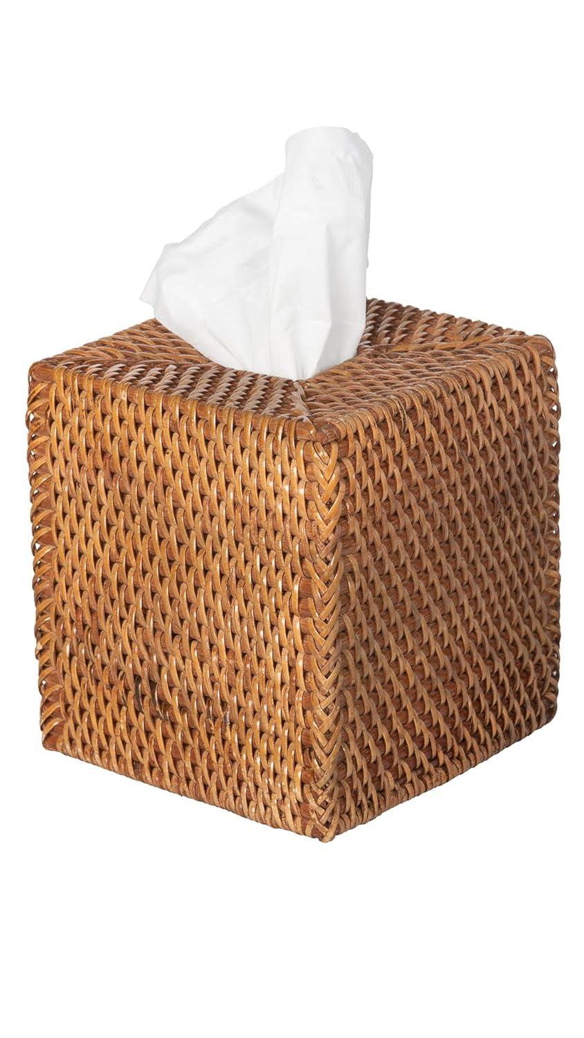Kouboo Loma Square Rattan Tissue Box Cover, Square Hand Woven Tissue Holder, Decorative Facial Napkin Holder, Honey Brown