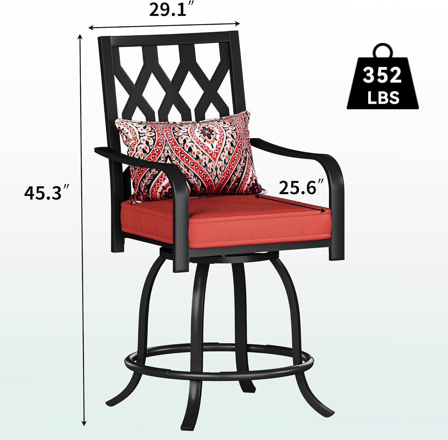 Red Cushioned Black Metal Outdoor Swivel Bar Stools, Set of 2