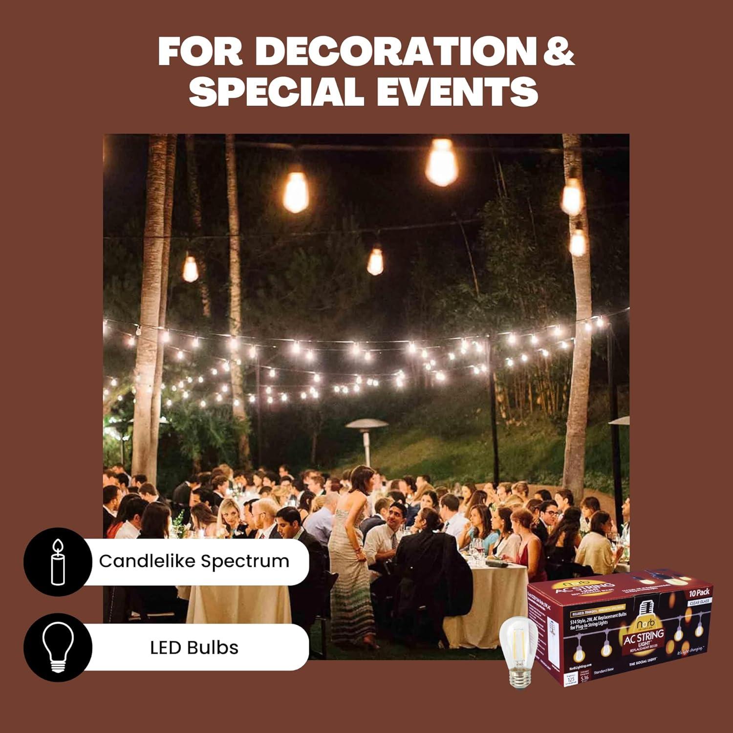 NorbSTRING 2W AC LED Replacement Bulbs for Plug-in String Lights - Warm Candlelight Glow, E26 Standard Base, Shatterproof, Energy-Efficient – Outdoor Weatherproof S14 Bulbs (10-Pack)