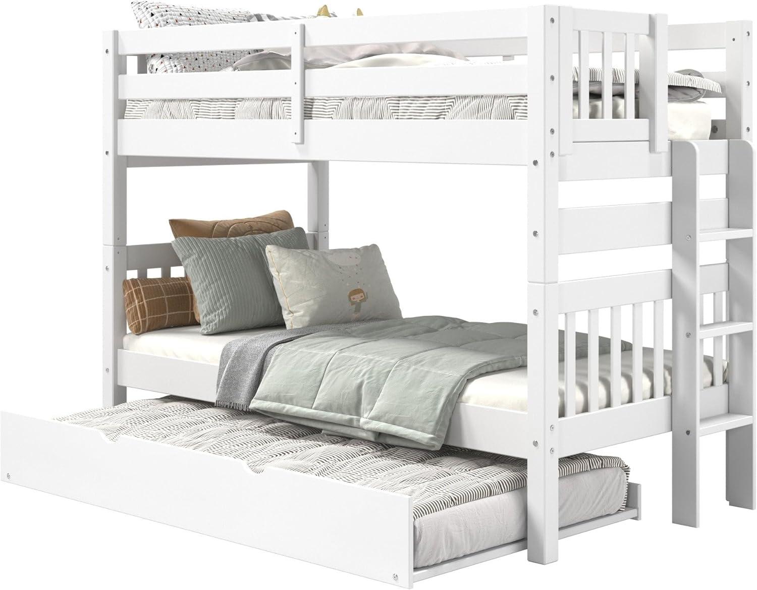 Bedz King Bunk Beds Twin over Twin Mission Style with End Ladder and a Twin Trundle, White