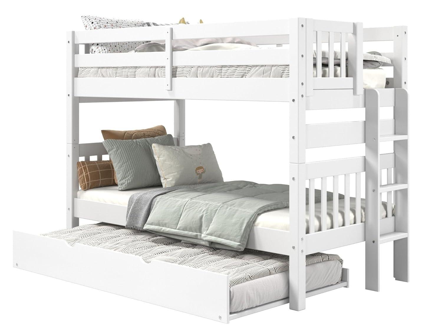 Bedz King Bunk Beds Twin over Twin Mission Style with End Ladder and a Twin Trundle, White