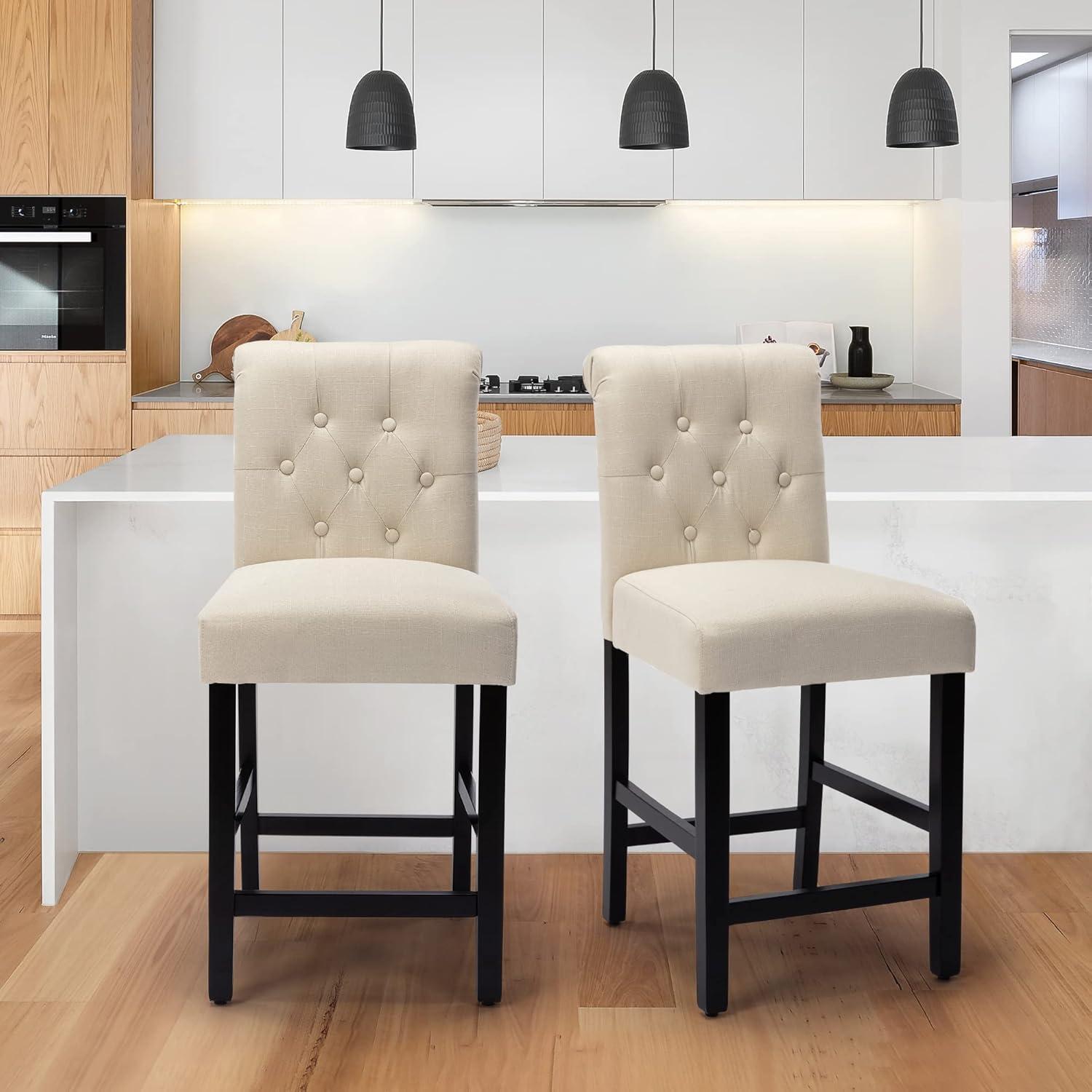 Drevy Bar Stools Set of 2, 24 inch Fabric Counter Height Bar Stools, Kitchen Island Wood Bar Chairs, Solid Wood Legs Barstools, Grey