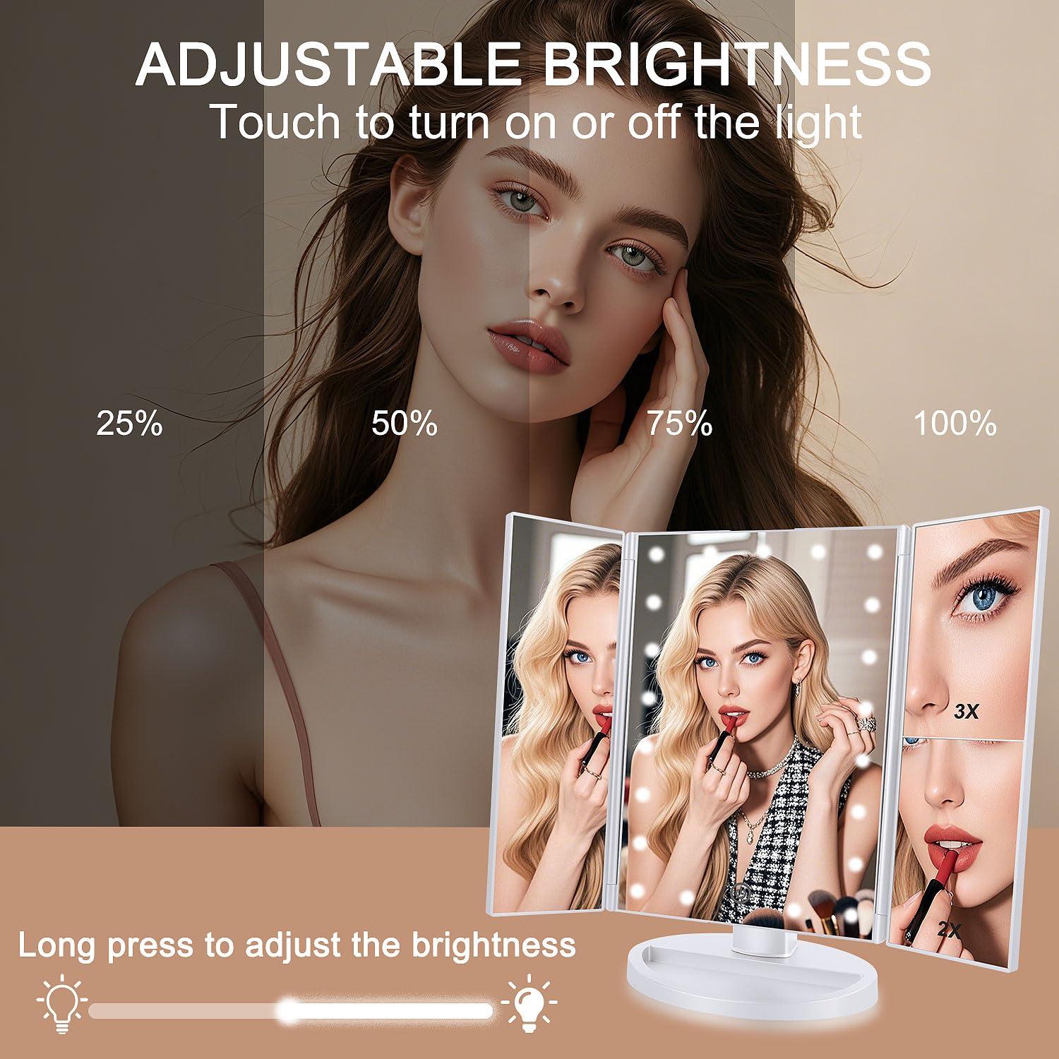 deweisn Floor Mount Tri-Fold Lighted Vanity Mirror with 21 LED Lights, Touch Screen and 3X/2X/1X Magnification, Two Power Supply Modes Make Up Mirror,Travel Mirror