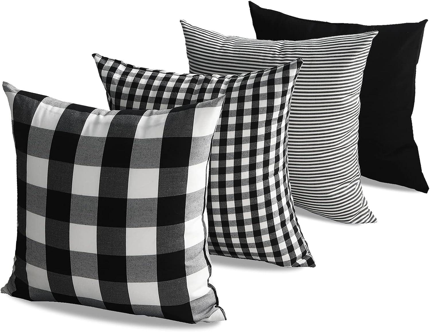 Black and White Buffalo Plaid Polyester Outdoor Pillow Covers Set