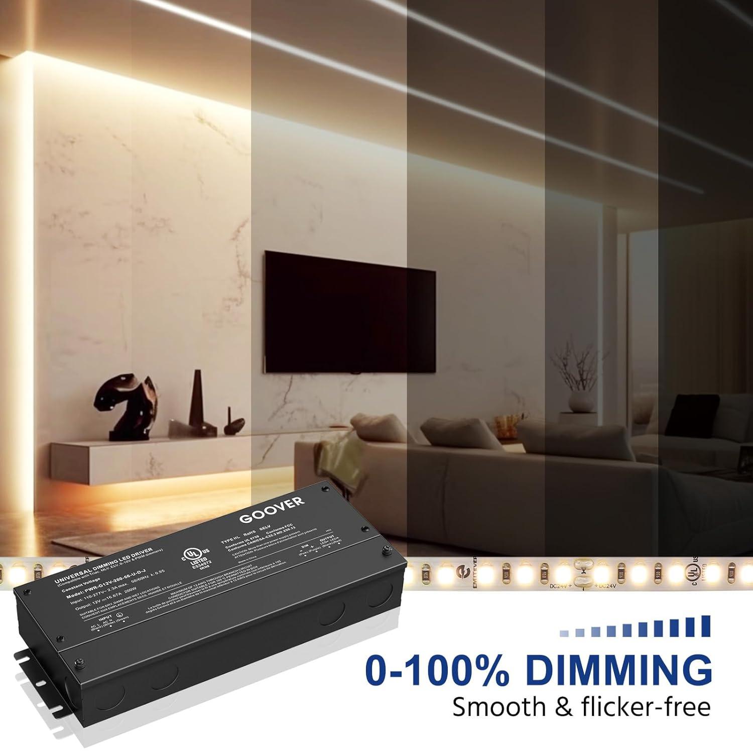 GOOVER 200W Dimmable LED Driver, 12V Triac Dimmable Power Supply, AC to DC Transformer for LED Light, Compatible with Lutron and Leviton Dimmer, Waterproof IP67 and UL Listed