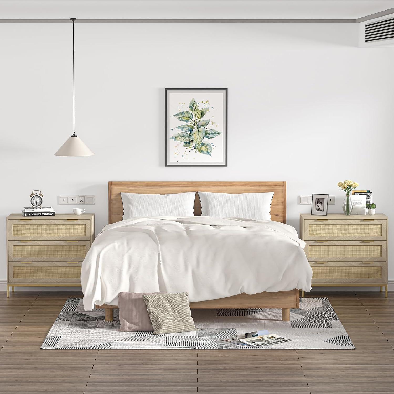 Anmytek 3 Drawer Cabinet for Bedroom, Oak Rattan Cabinet Closet Cabinet Chest of Drawers, Wood Cabinet 3 Drawer Storage Chest for Bedroom, Hallway, Nursery