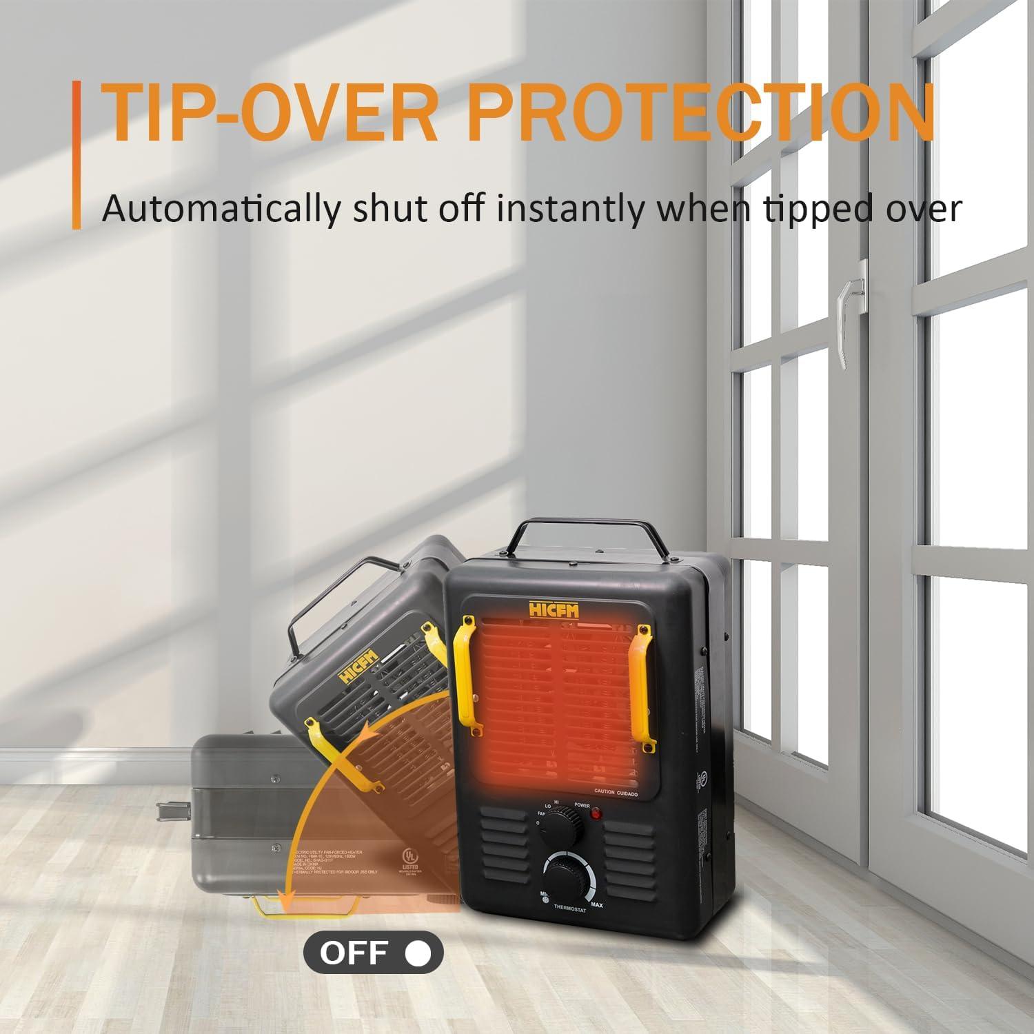 HiCFM Milkhouse Space Heater, 1300W/1500W Electric Heater with Thermostat, Safe and Quiet for Home Office Garage Workshop - UL Safety Listed