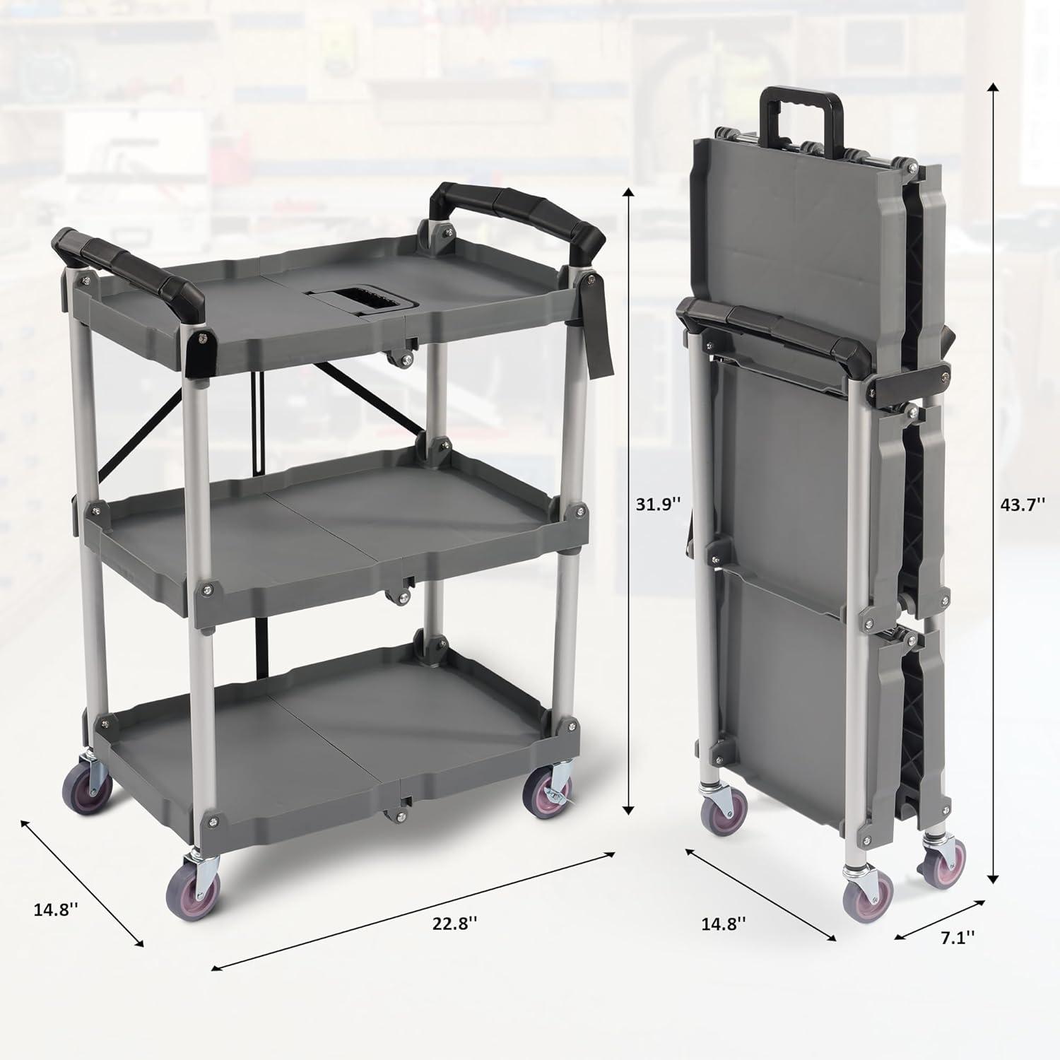 Elevon Aluminum Service Push Cart Portable Utility 3 Tier Collapsible Shelving Unit with Wheels for Home Office Organization, Gray