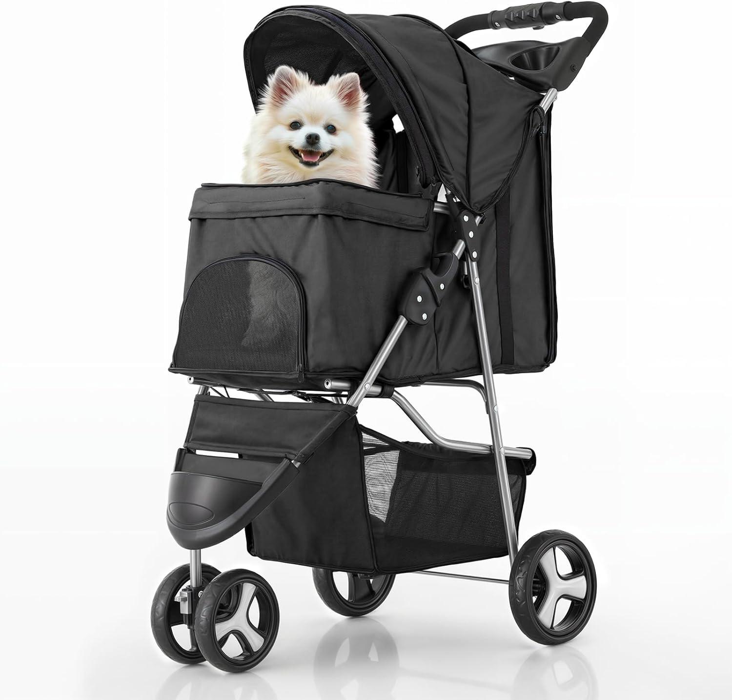 ATCHISON Foldable Pet Stroller, 3 Wheels Folding Carrier Jogger Stroller for Dogs Cats with Canopy and Basket