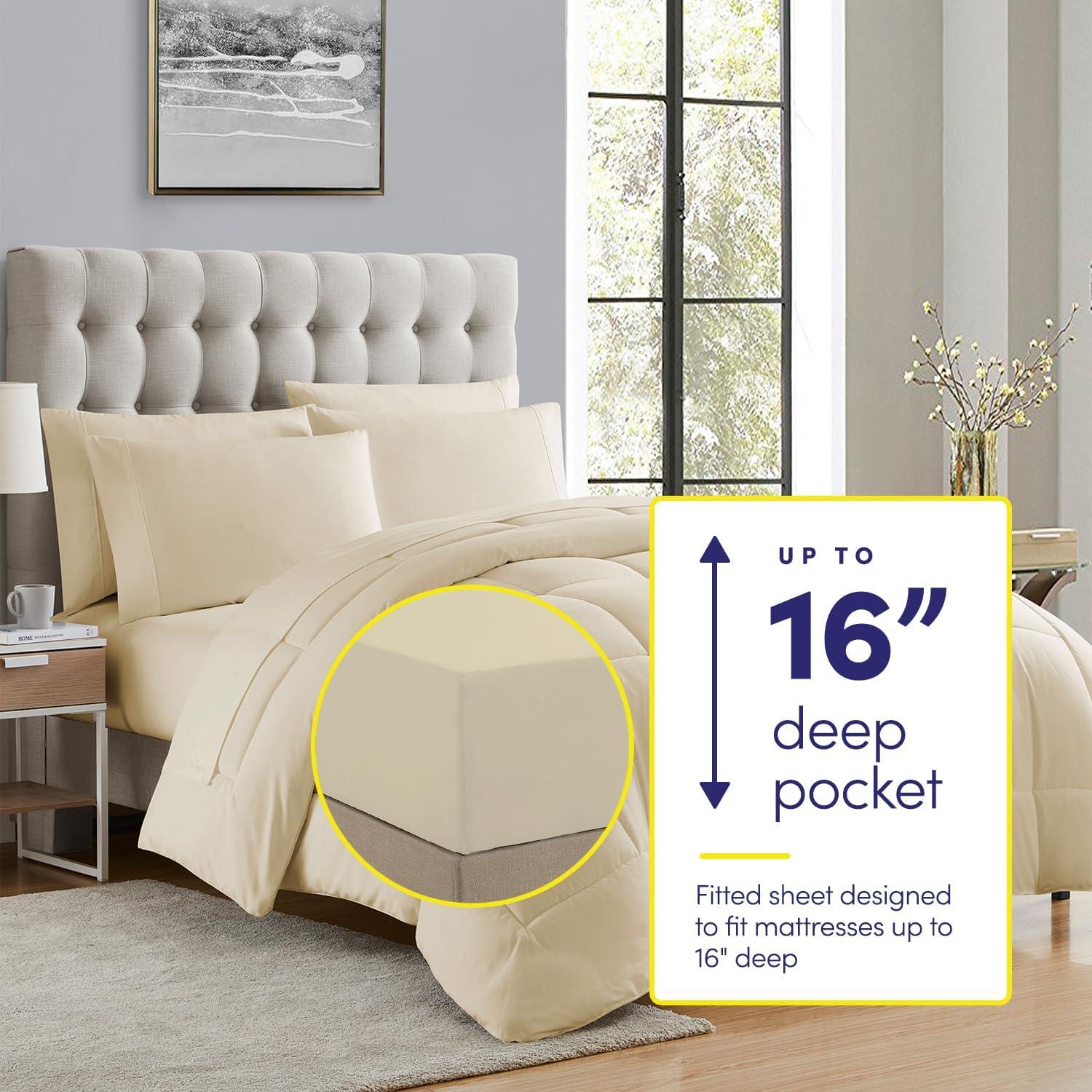 Bed-in-A-Bag Solid Color Comforter & Sheet Set Soft All Season Bedding, Queen, Beige