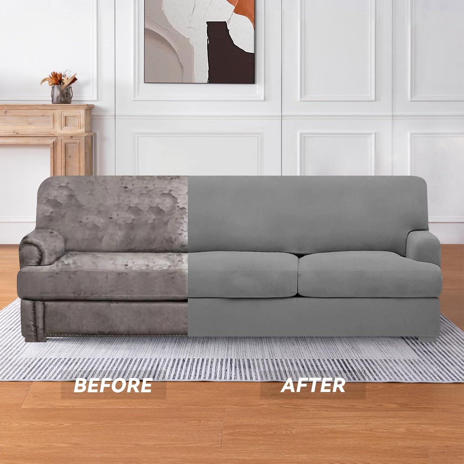 Light Grey Stretchable T Cushion Sofa Slipcover Set