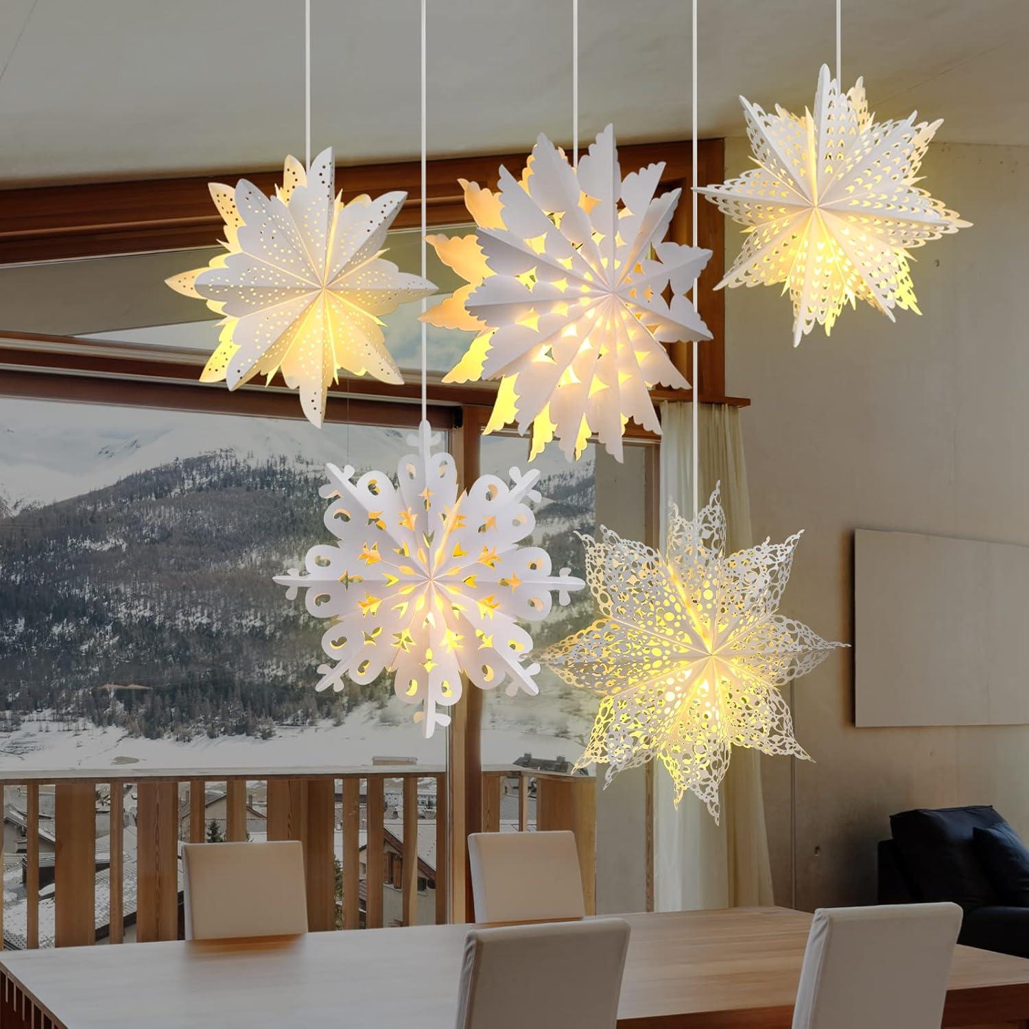 Mudder 5 Pieces Christmas Snowflake Paper Lantern with 7 Light up Star Paper 3D Hanging Lantern Lamp Party Decoration for Weddings Holiday Xmas Trees(Cute Style,White)