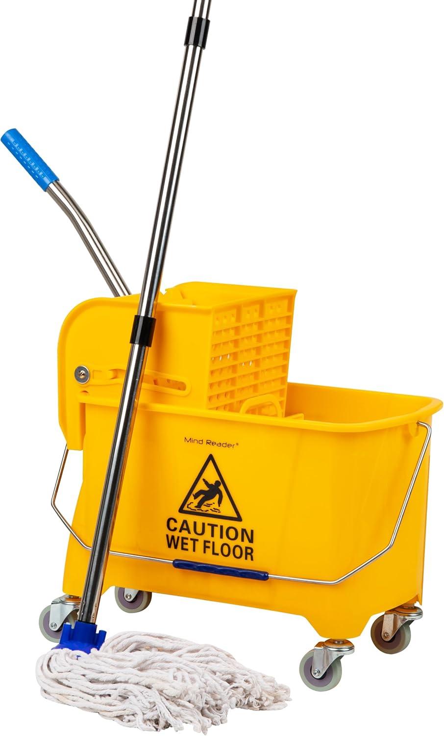 Mind Reader Bucket with Wringer and Mop Set, 22 Qt (5.5 Gallon), Floor Cleaning, Wheels, 16.25"L x 10.75"W x 24.5"H, Yellow