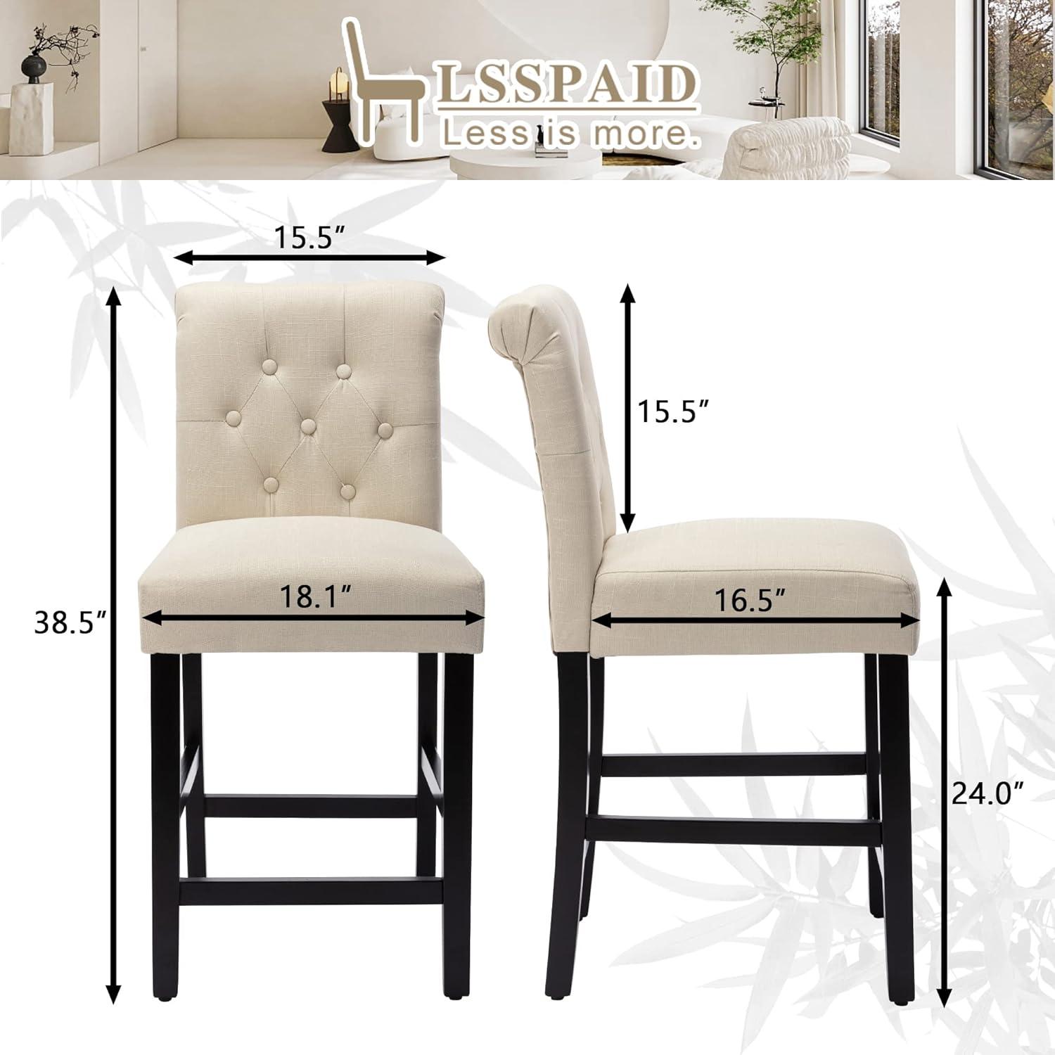 Drevy Bar Stools Set of 2, 24 inch Fabric Counter Height Bar Stools, Kitchen Island Wood Bar Chairs, Solid Wood Legs Barstools, Grey