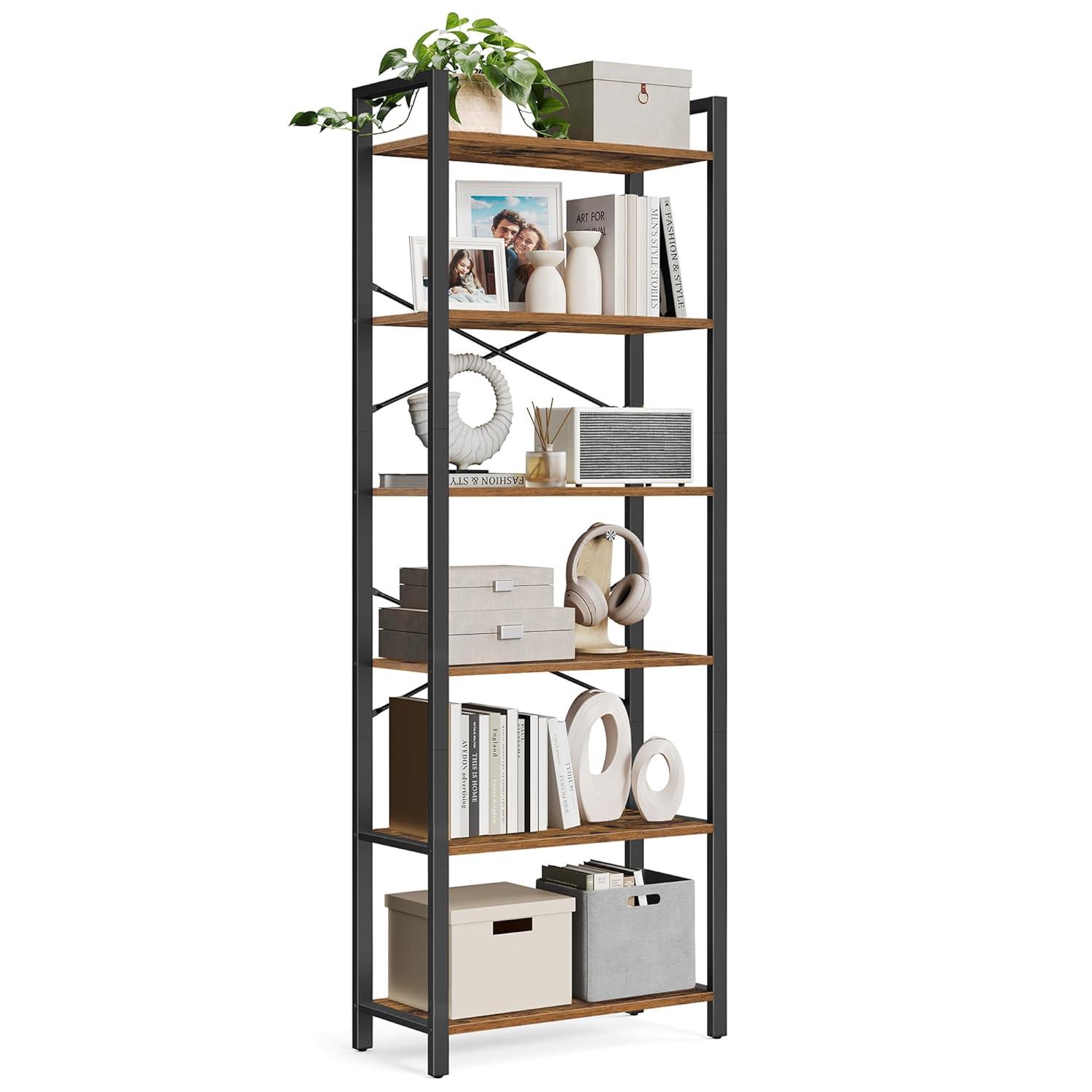 6-Tier Tall Bookshelf Large Bookcase with Steel Frame Deep Book Shelf for Living Room Home Office Study Rustic Brown and Black