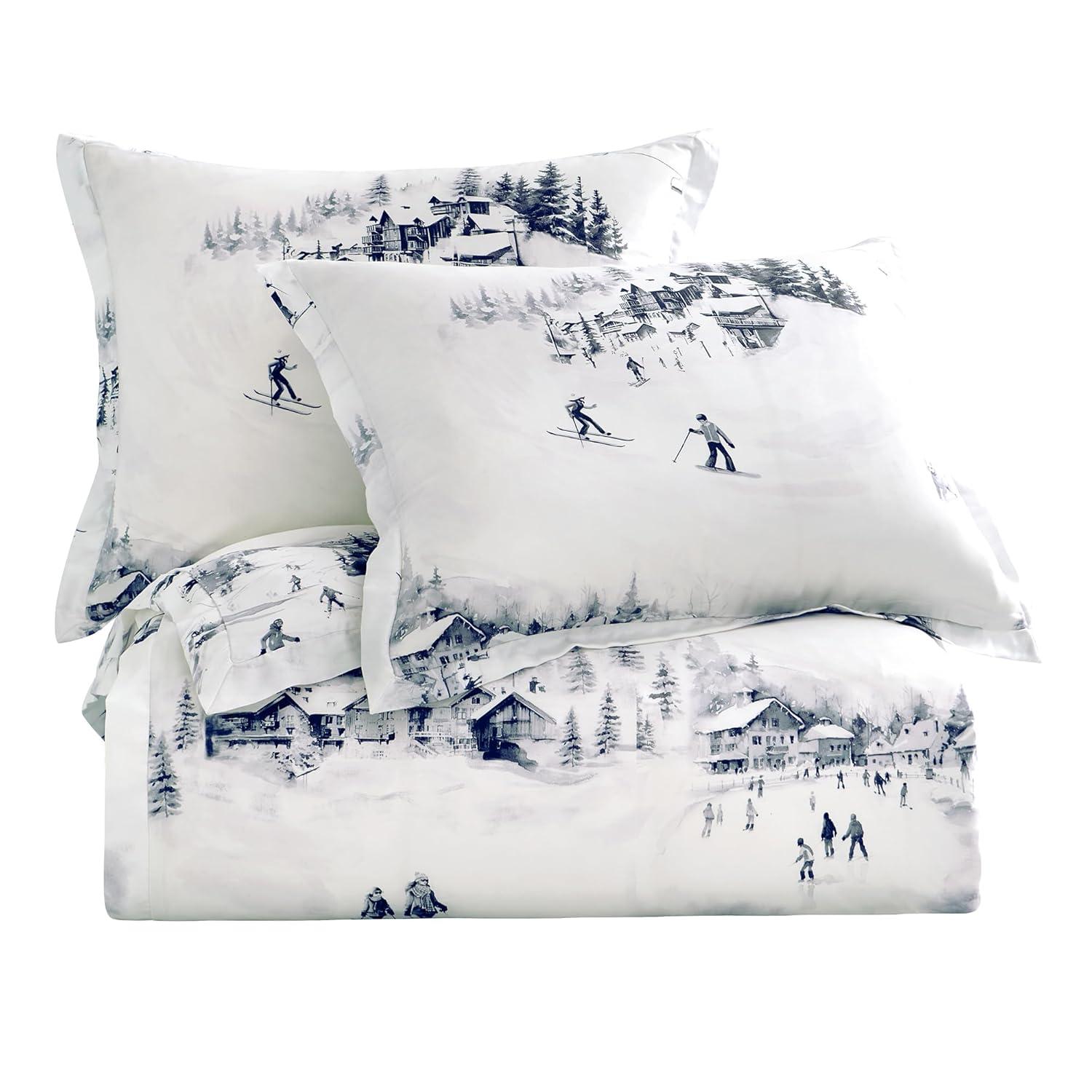 HiEnd Accents Ski Life White Gray Lyocell Ski Season Print Rustic Cabin Lodge Comforter Set