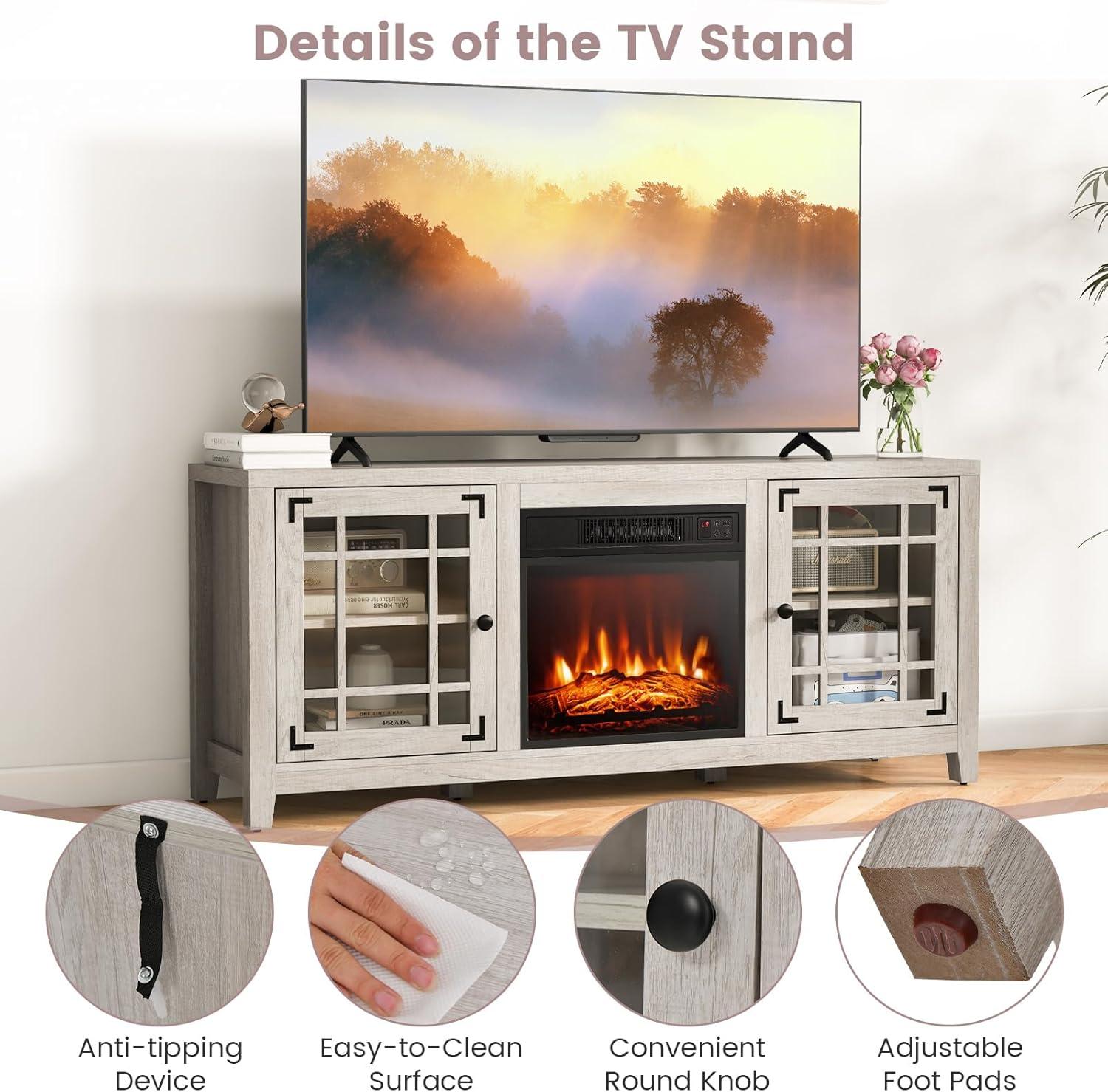 Costway 58 Inches Fireplace TV Stand for TVs up to 65 Inches with 1400W Electric Fireplace Black/Naturl/White