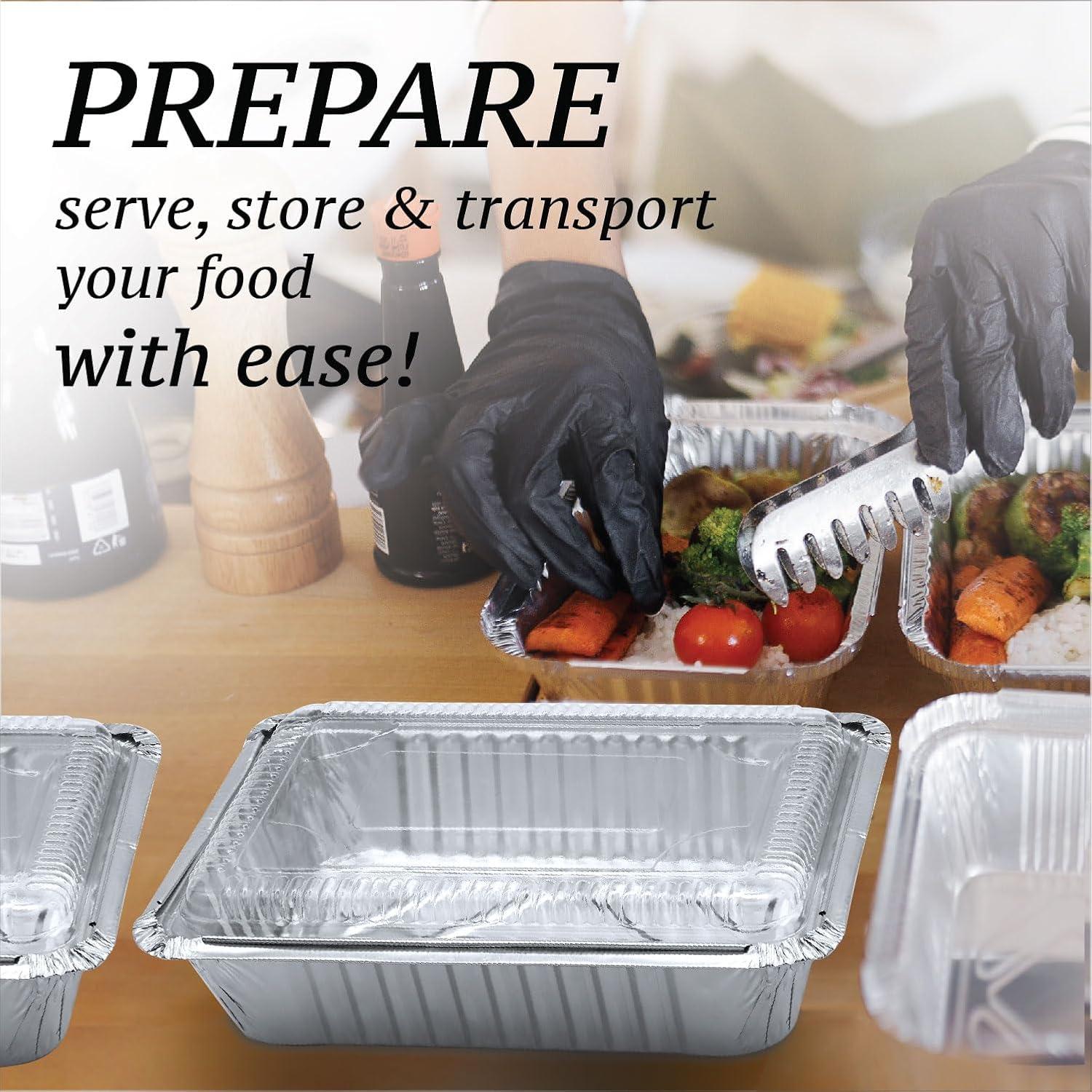 55 Pack Disposable Takeout Pans with Clear Lids - Aluminum Foil Freezer Containers - Ideal for Baking, Cooking, and Food Storage - Includes Plastic Lids|The 55-pack Disposable Takeout pans are made of