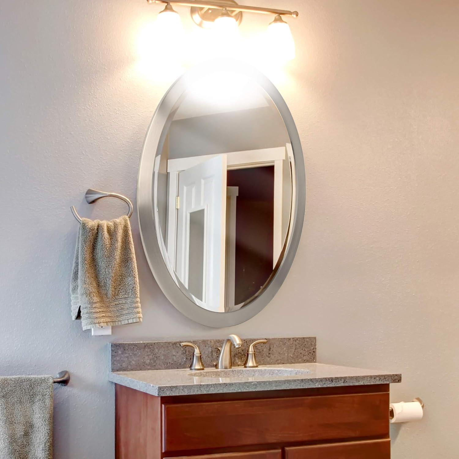 Head West Brushed Nickel Stainless Steel Oval Framed Beveled Accent Wall Vanity Mirror - 23 x 29