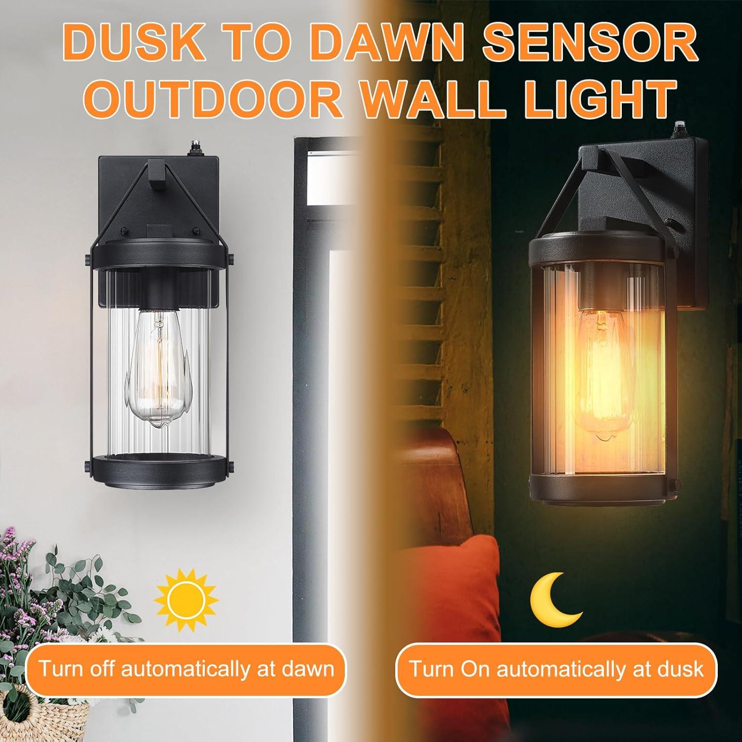 2 Pack Dusk To Dawn Sensor Outdoor Wall Sconce Lighting Black Exterior Porch Lantern Waterproof Outside Garage Light Fixtures Wall Mount For House Patio Entryway