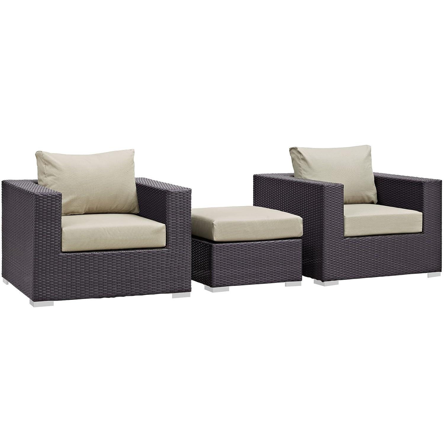 Espresso Beige Wicker Rattan 3-Piece Outdoor Sofa Set