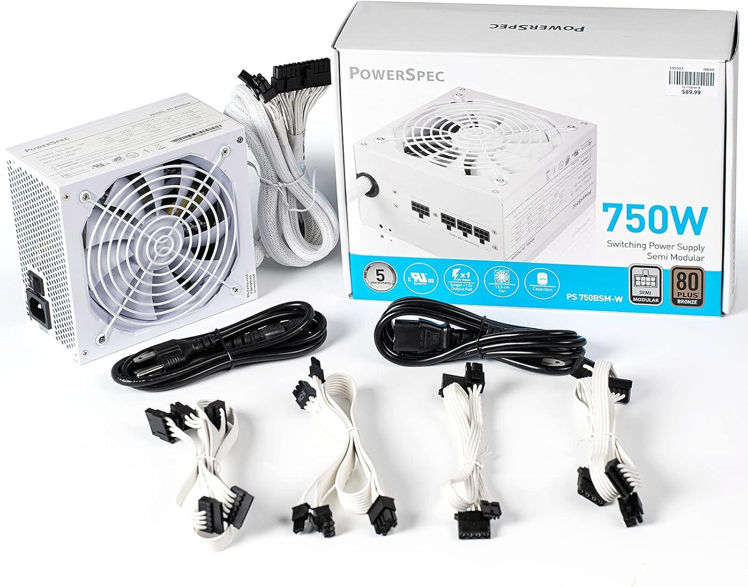PowerSpec 650W Power Supply Semi Modular 80 Plus Bronze Certified ATX PSU Active PFC SLI Crossfire Ready Gaming PC Computer Power Supplies, PS 650BSM(White Edition)