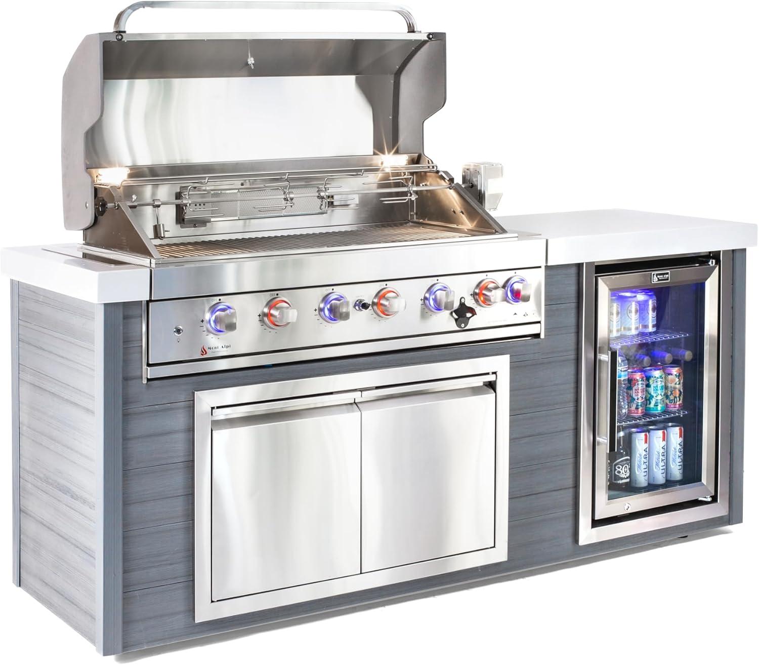 Mont Alpi MA805-AW Artwood Series High Density Polyethylene 6-Burner 87000 BTU Propane Natural Gas Stainless Steel Outdoor Kitchen Island Grill + Granite Countertops + Double Access Doors + Refrigerator