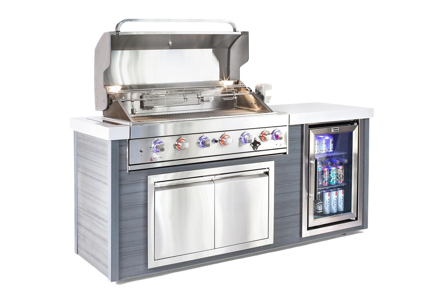 Mont Alpi MA805-AW Artwood Series High Density Polyethylene 6-Burner 87000 BTU Propane Natural Gas Stainless Steel Outdoor Kitchen Island Grill + Granite Countertops + Double Access Doors + Refrigerator