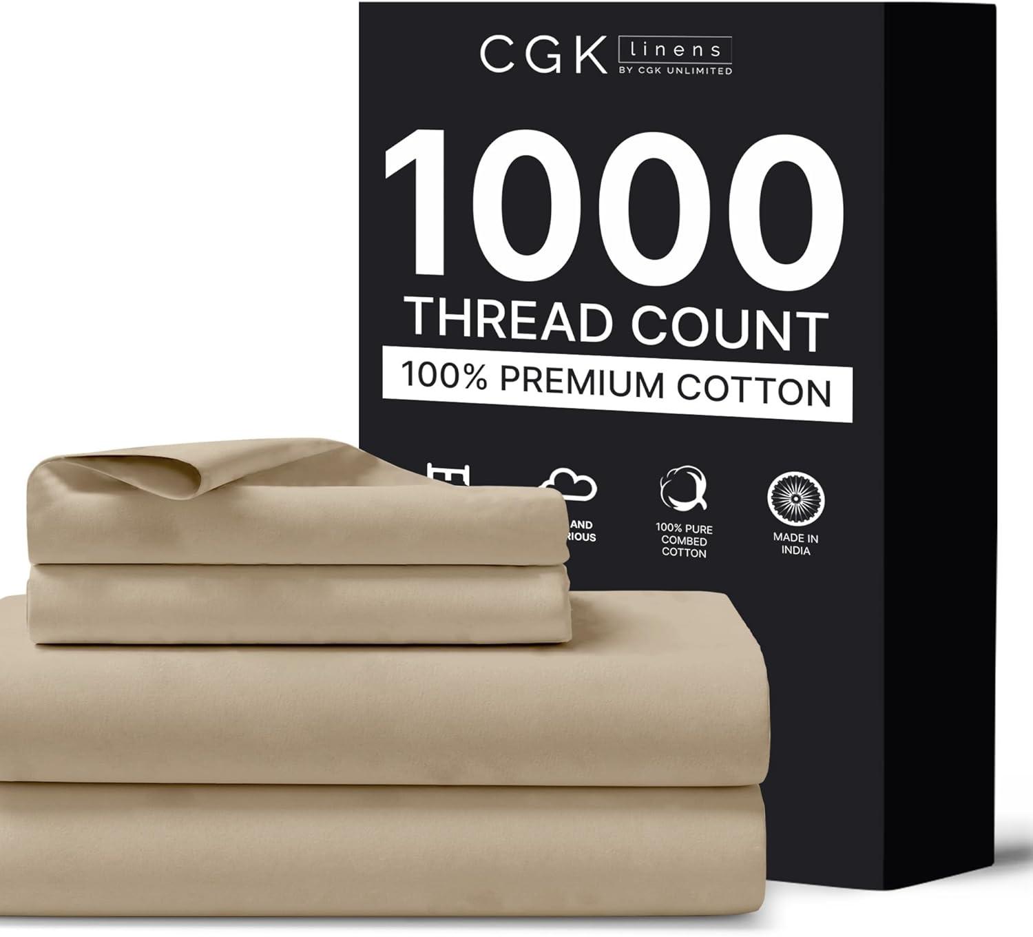 CGK Linens Luxury 1000 Thread Count 4 Piece Sheet Set - Soft & Premium 100% Cotton Sateen in Cream, Size Full