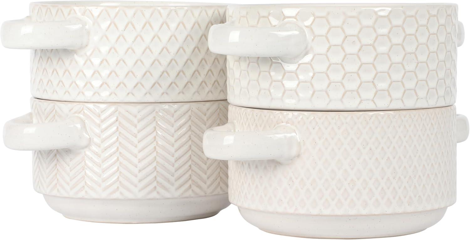 Gibson Elite Gibson Elite Oyster Tide Embossed 6 Inch Soup Bowls with Handles. French Onion Soup Crocks, Stackable Soup Bowl, Chili, Beef Stew Reactive Glaze  Stackable Ceramic Bowl, Set of 4, White